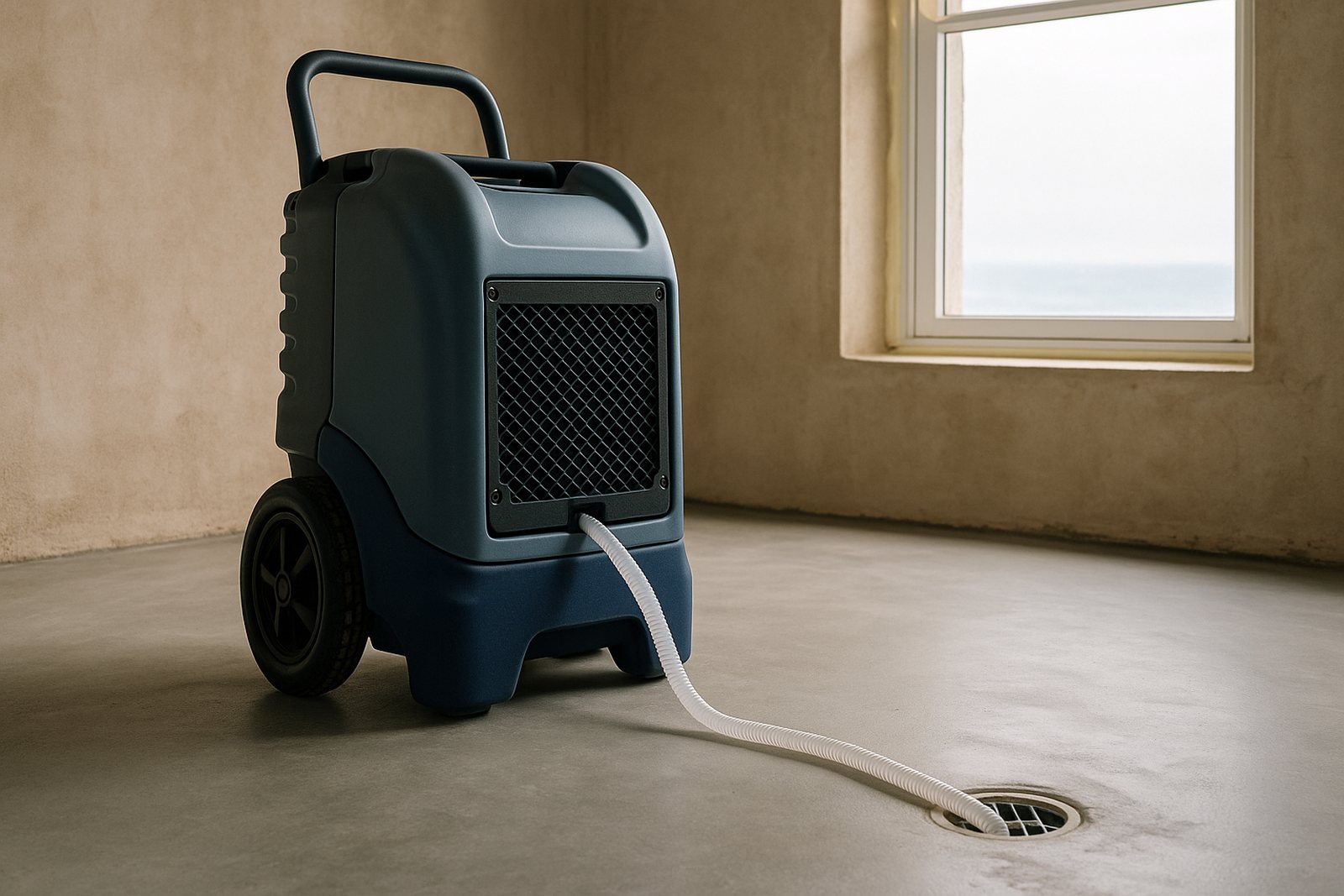 Industrial dehumidifier on wheels drying a new screed floor, drain hose running to a floor drain